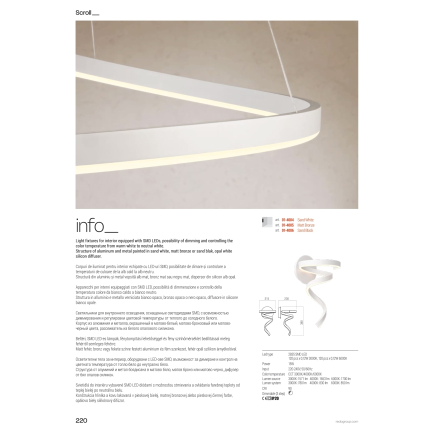 Redo 01-4015 - LED prigušiva luster na sajli SCROLL LED/38W/230V 3000K/4000K/6000K CRI 90 prečnik 60 cm crna