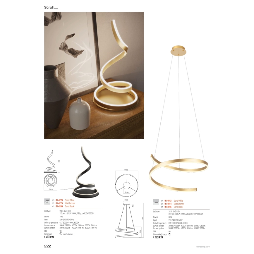 Redo 01-4015 - LED prigušiva luster na sajli SCROLL LED/38W/230V 3000K/4000K/6000K CRI 90 prečnik 60 cm crna