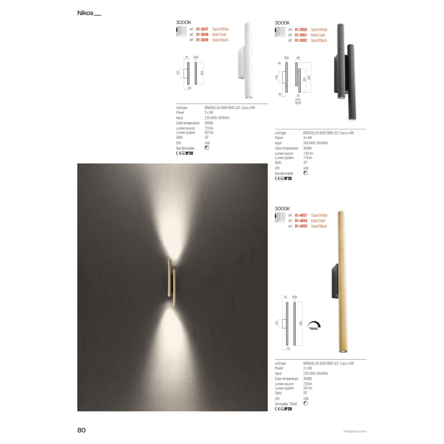 Redo 01-4057 - LED prigušiva zidna svetiljka NIKOS LED/10W/230V 3000K CRI 90 bela