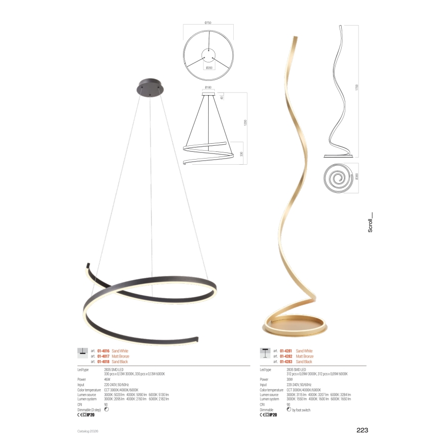Redo 01-4281 - LED prigušiva podna lampa SCROLL LED/30W/230V 3000K/4000K/6000K CRI 90 bela