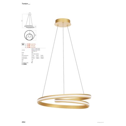 Redo 01-4361 - LED prigušiva luster na sajli TORSION LED/40W/230V 2700/3000/4000K CRI 90 prečnik 56 cm zlatna