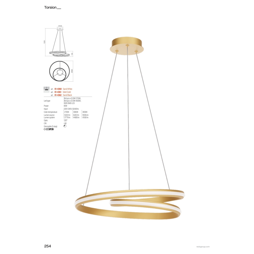 Redo 01-4361 - LED prigušiva luster na sajli TORSION LED/40W/230V 2700/3000/4000K CRI 90 prečnik 56 cm zlatna