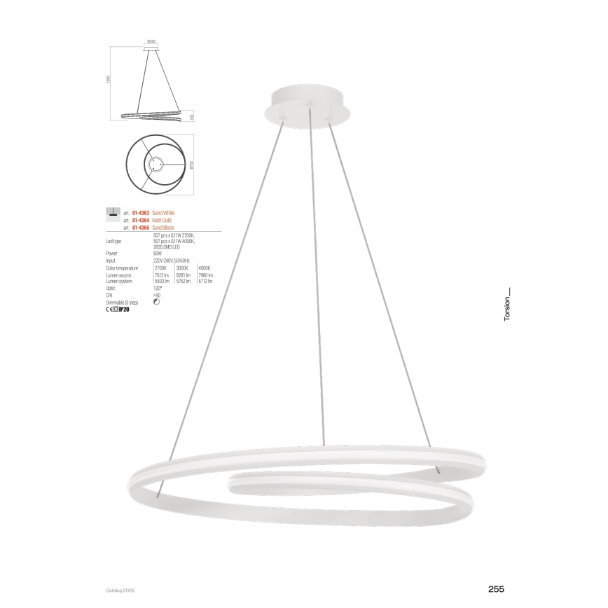 Redo 01-4363 - LED prigušiva luster na sajli TORSION LED/60W/230V 2700/3000/4000K CRI 90 prečnik 75,2 cm bela
