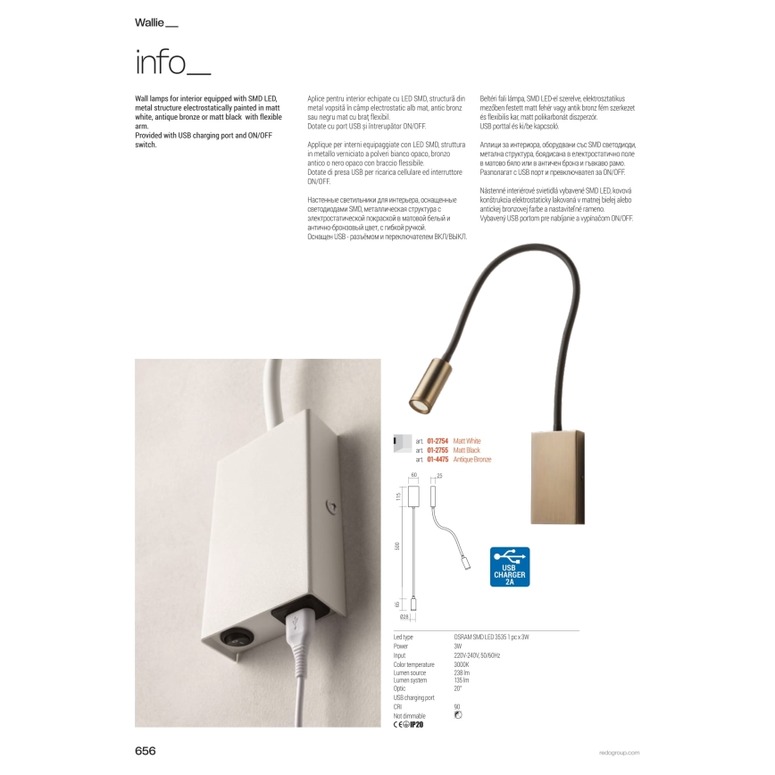 Redo 01-4475 - LED fleksibilna lampica WALLIE LED/3W/230V USB CRI 90 brončana