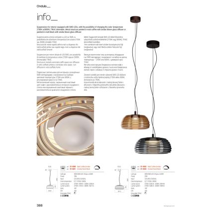 Redo 01-4541 - LED prigušiva viseći luster na sajli ONDULA LED/12W/230V 2700K/3000K CRI 90 prečnik 32 cm crna/zadimljena