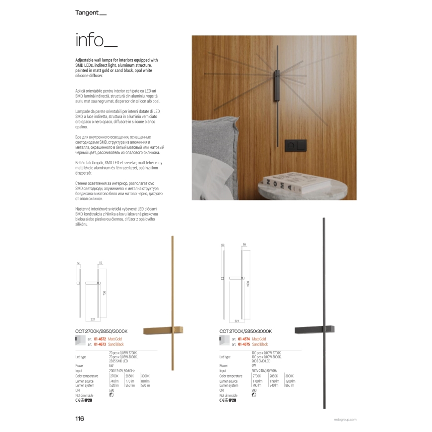 Redo 01-4673 - LED zidna svetiljka TANGENT LED/6W/230V 2700/2850/3000K 73 cm CRI 90 crna