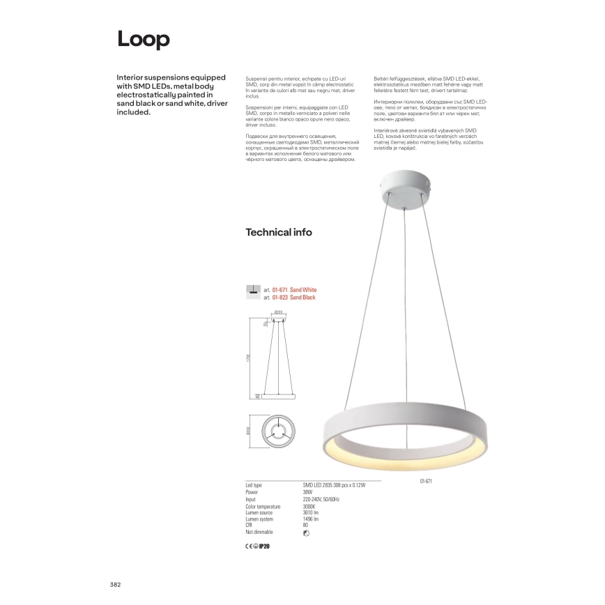 Redo 01-671 – LED luster na lanku LOOP, LED/38W/230V, prečnik 45 cm, bela
