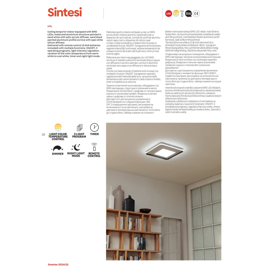 Redo 05-961 - LED prigušiva stropna lampa SINTESI LED/53W/230V 45x45 cm 3000-6000K + daljinski upravljač