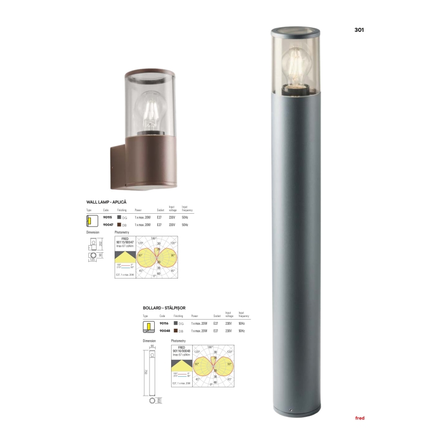 Redo 90047 - Spoljno zidno svetlo FRED 1xE27/20W/230V IP54