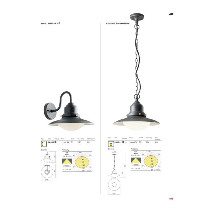 Redo 90094 - Spoljni luster na lancu ELIO 1xE27/42W/230V IP44