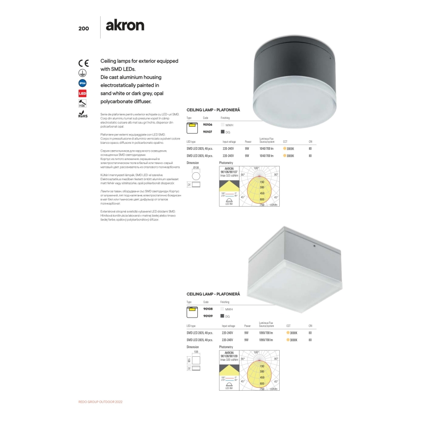 Redo 90107 - LED spoljašnje plafonsko svetlo AKRON LED/9W/230V pr. 10,8 cm IP54