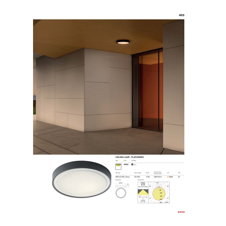 Redo 90155 - LED spoljna plafonska svetiljka PONZA LED/16W/230V prečnik 26 cm IP65