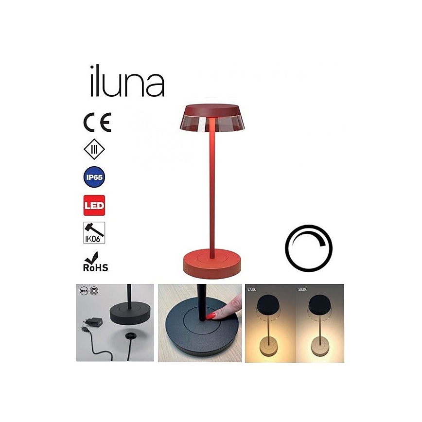 Redo 90311- LED stona lampa ILUNA, prigušiva na dodir, LED/2,5W/5V 2700-3000K 3000 mAh IP65 crvena