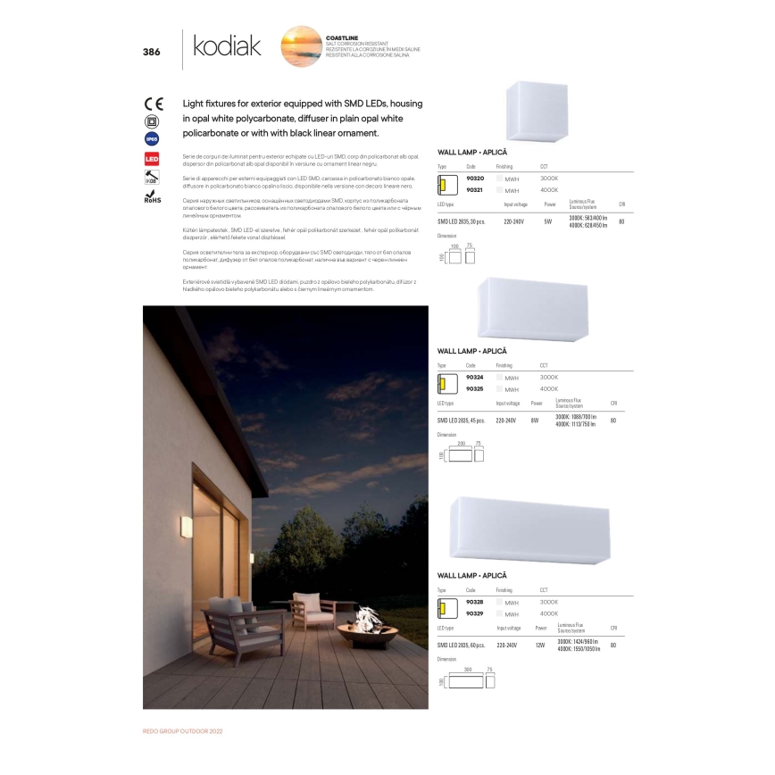 Redo 90329 - LED spoljašnje zidno svetlo KODIAK LED/12W/230V 4000K 30 cm IP65 belo