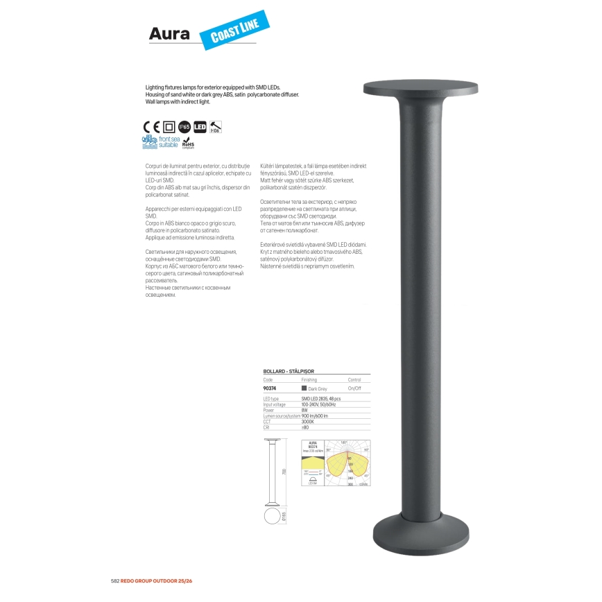Redo 90374 - LED spoljašnja lampa AURA LED/8W/230V 3000K 70 cm IP65 antracit