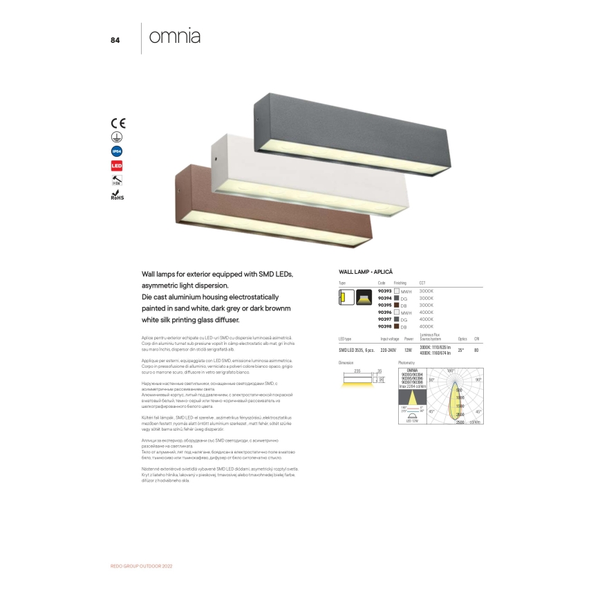 Redo 90394 - spoljašnja zidna LED svetiljka OMNIA LED/12W/230V 3000K IP54 siva