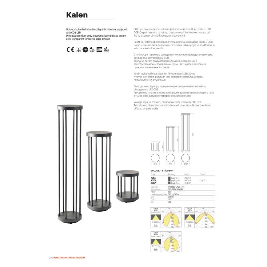 Redo 90578 - LED spoljašnja lampa KALEN LED/8W/230V 3000K 50 cm IP65 antracit