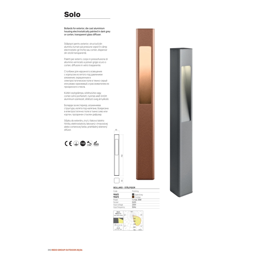 Redo 90673 - Spoljašnja lampa SOLO 1xGU10/35W/230V 70 cm IP65 braon