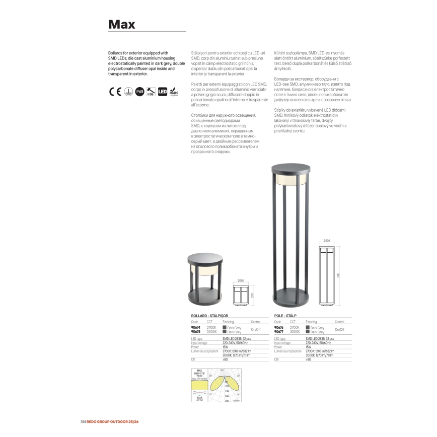 Redo 90676 - LED spoljašnja lampa MAX LED/15W/230V 2700K 80 cm IP65 antracit