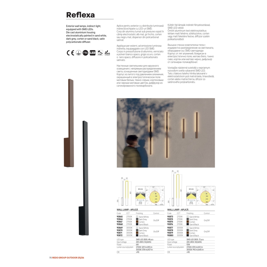 Redo 90869 - LED spoljašnje zidno svetlo REFLEXA LED/6W/230V 3000K 62,1 cm CRI 90 IP54 bela