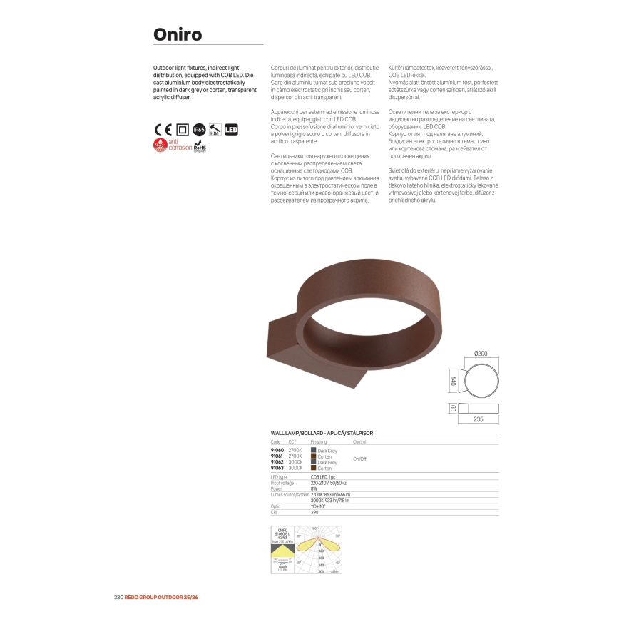 Redo 91063 - LED spoljašnje zidno svetlo ONIRO LED/8W/230V 3000K CRI 90 IP65 braon