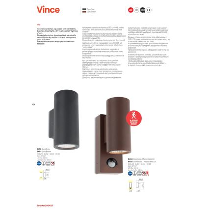 Redo 9455 - LED spoljašnje zidno svetlo sa senzorom VINCE, 2xLED/3W/230V, IP54, braon