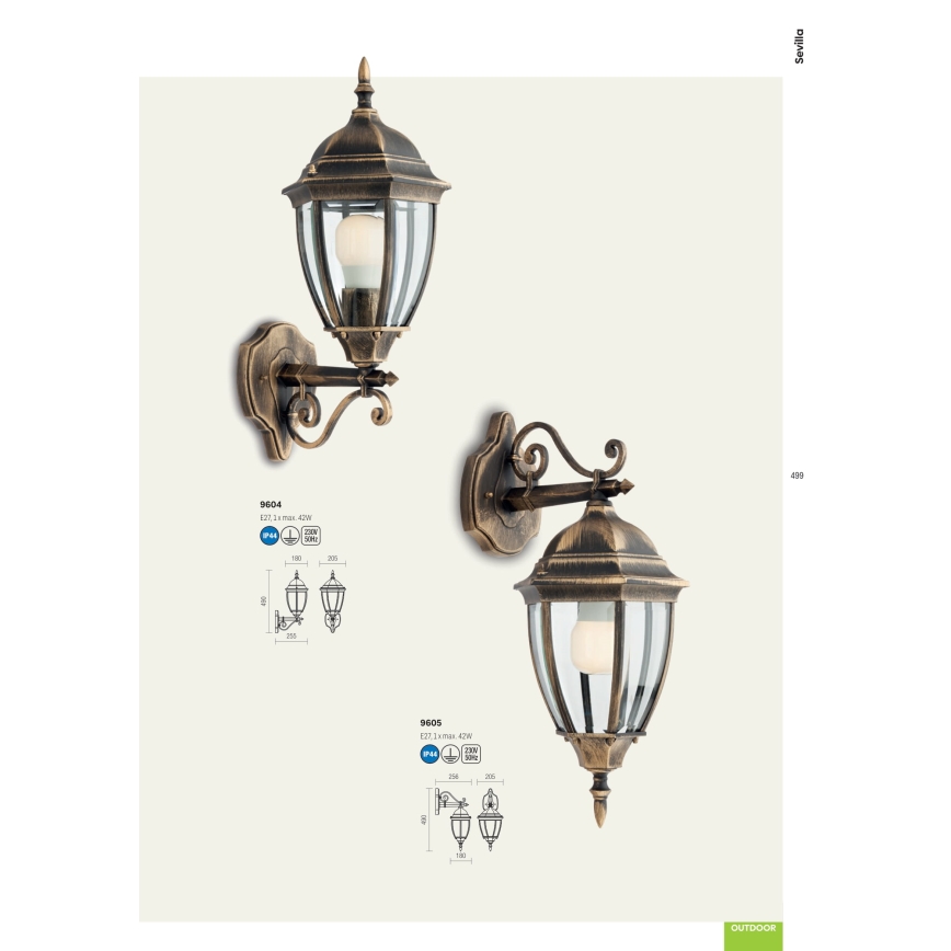 Redo 9604 - Spoljašnja zidna lampa SEVILLA 1xE27/42W/230V IP44 zlatna/patina
