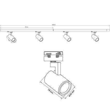 Spot svetiljka za šinski sistem LYNX 4xGU10/10W/230V + 2 x 75 cm šinski sistem crna