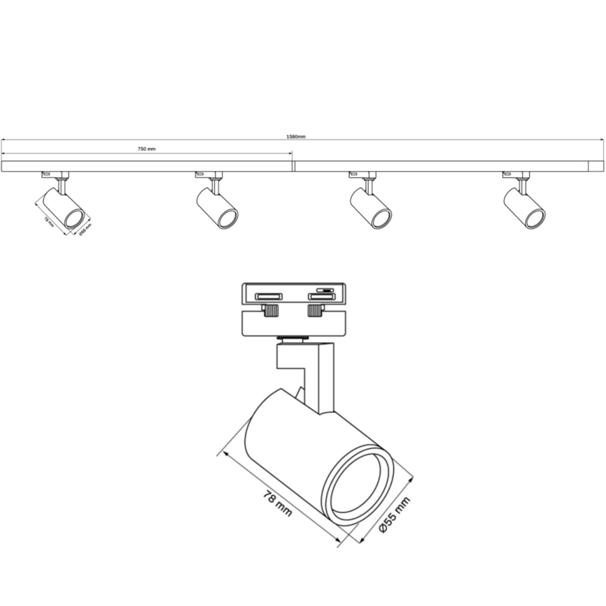 Spot svetiljka za šinski sistem LYNX 4xGU10/10W/230V + 2 x 75 cm šinski sistem crna