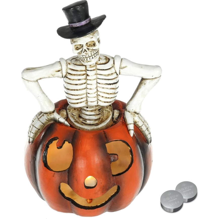 LED Dekoracija HALLOWEEN LED/2xLR44/topla bela kostur u bundevi smola