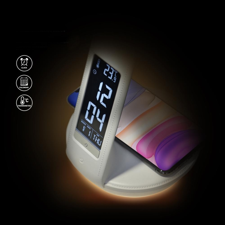 LED prigušiva stona lampa sa bežičnim punjenjem Qi 5W i displejom LED/6W/230V/1xCR2032 3000/4000/6000K bela