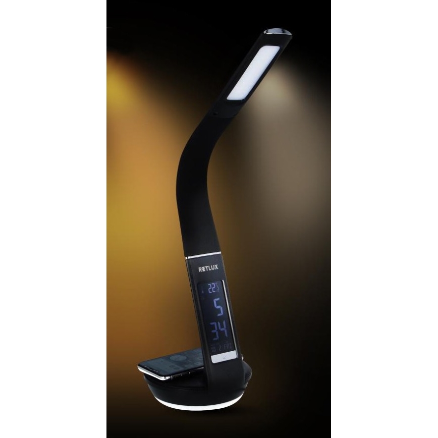 LED prigušiva stona lampa sa Qi bežičnim punjenjem 5W i displejem LED/6W/230V/1xCR2032 3000/4000/6000K crna
