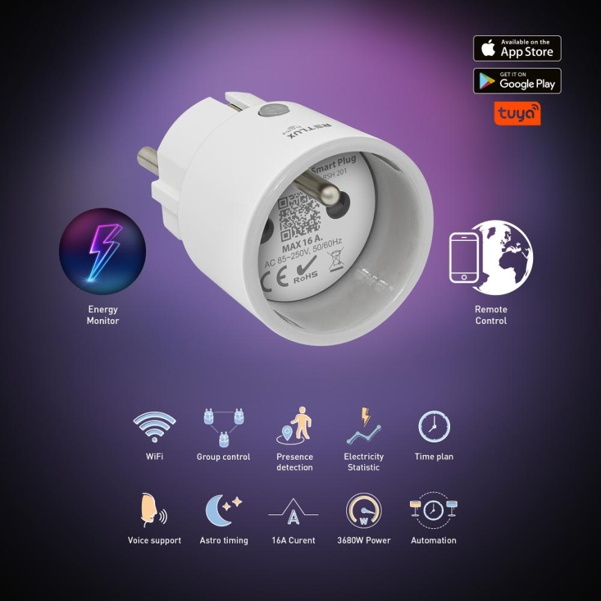 Pametna utičnica 3680W/230V/Tip E/16A Wi‑Fi Tuya