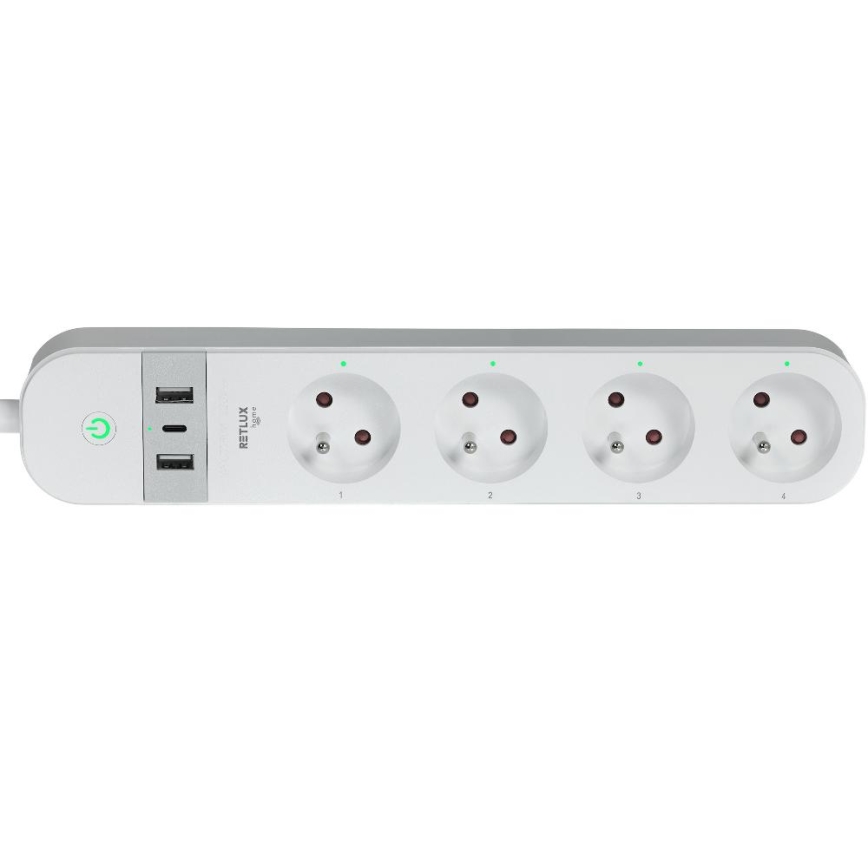 Pametni produžni kabl sa prekidačem, 4x utičnice, Tip E + 2x USB-A + 1x USB-C, 1,5 m, Wi-Fi Tuya, bela