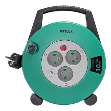 Retlux - Produžni kabl na kolutu 3 utičnice, Tip E, 10 m, zelena/crna