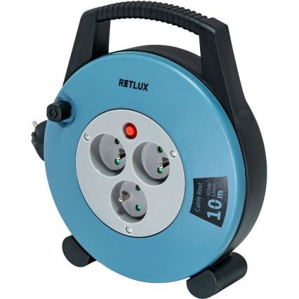 Retlux - Produžni kabl na kolutu sa 3 utičnice, tip E, 10 m, boje plave i crne