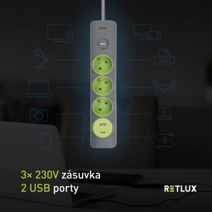 Retlux - Produžni kabl sa prekidačem, 3 utičnice (Tip E) + 1x USB-A + 1x USB-C, 1,4 m, siva