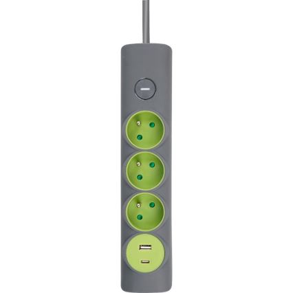 Retlux - Produžni kabl sa prekidačem, 3 utičnice (Tip E) + 1x USB-A + 1x USB-C, 1,4 m, siva