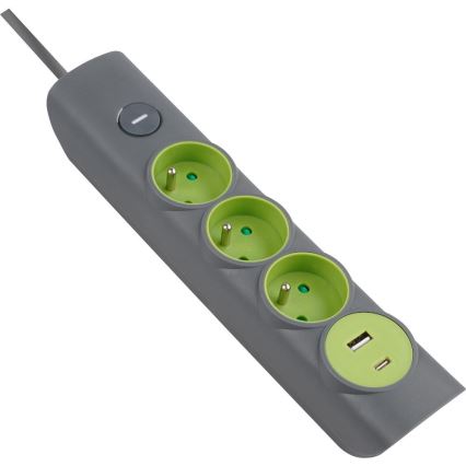 Retlux - Produžni kabl sa prekidačem, 3 utičnice (Tip E) + 1x USB-A + 1x USB-C, 1,4 m, siva