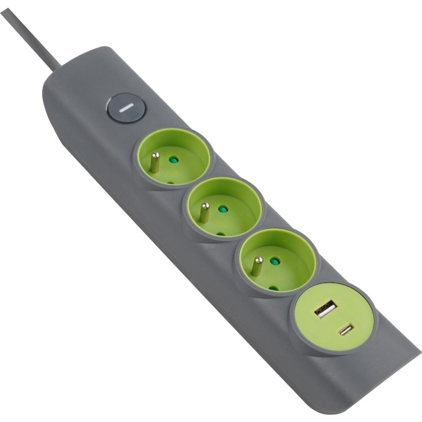 Retlux - Produžni kabl sa prekidačem, 3 utičnice (Tip E) + 1x USB-A + 1x USB-C, 1,4 m, siva