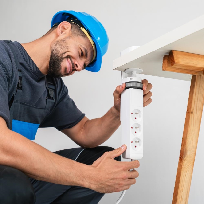 Produžni kabl sa steznim držačem za sto, 3 utičnice, Tip E + 2×USB-A + 1×USB-C, 1,5 m, bela