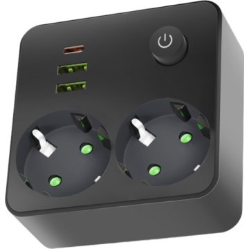 Rozdelnik utičnica sa prekidačem LINEA, 2x 230 V + 3x USB A/C, SCHUKO, crna