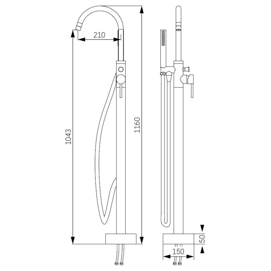 Samostojeći komplet za kadu sa baterijom, 116 cm, mesing