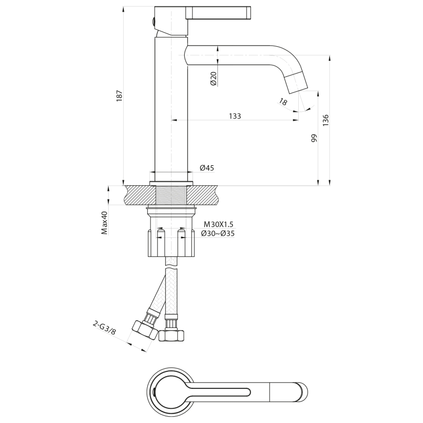 Sapho - Slavina za umivaonik ICONIC 18,7 cm mat crna