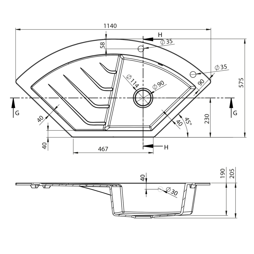 Sapho - Ugaoni kuhinjski sudoper 114x57,5 cm granit/crna