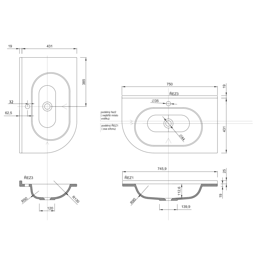 Sapho - Ugaoni ugradni umivaonik PULSE 75x43 cm mermer/bela