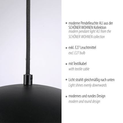 Schöner Wohnen 11728-18 - Luster na sajli ALI 1xE27/25W/230V prečnik 38 cm crna