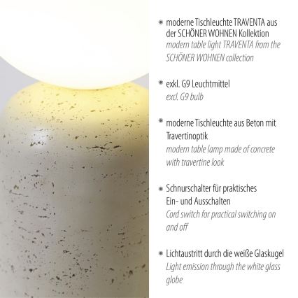 Schöner Wohnen 12543-42 - Stona lampa TRAVENTA 1xG9/10W/230V beton