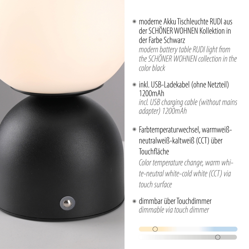 Schöner Wohnen 19218-18 - LED prigušiva dodirna punjiva stona lampa RUDI LED/1,2W/5V 3000-6000K 1200 mAh crna