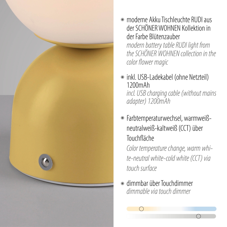 Schöner Wohnen 19218-81 - RUDI LED prigušiva dodirna punjiva stona lampa LED/1,2W/5V 3000-6000K 1200 mAh žuta